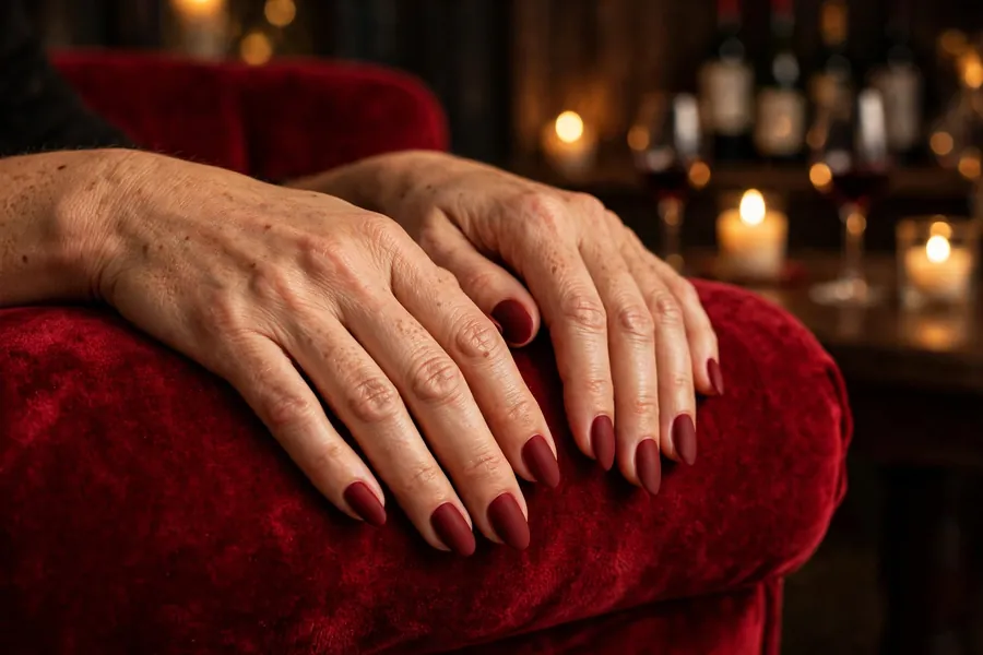 Velvety matte deep red date night nails on real hands on a red velvet chair