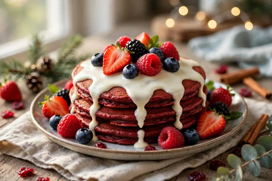 Red velvet pancakes with cream cheese glaze and berries
