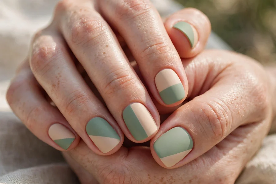 Sage green and beige colour block nail art