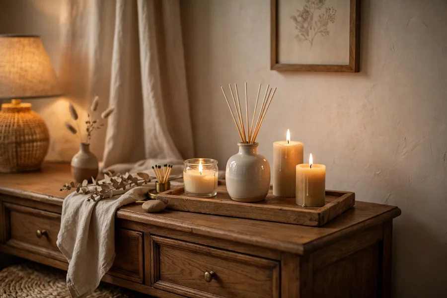 bedroom scent corner with candles and a small diffuser on a tray
