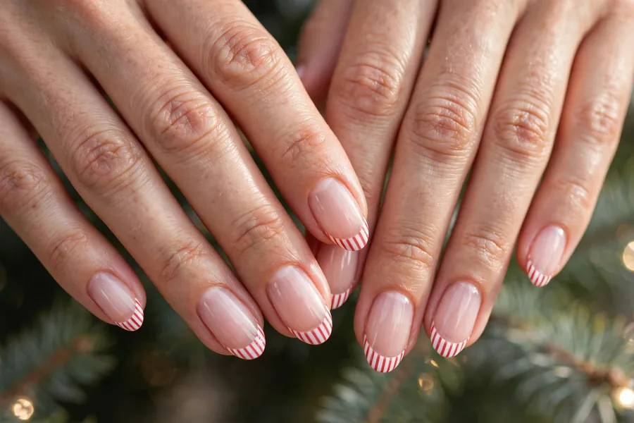 Sheer peppermint French nails with translucent base and striped tips on real hands