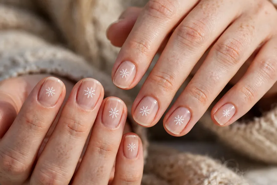 Short natural nails with sheer nude base and one tiny white snowflake on each nail on real hands