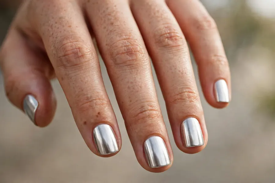 Silver chrome short nail designs on real hands