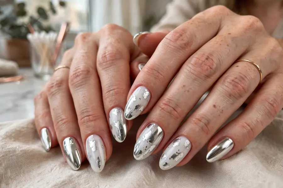 Milky white chrome nails with silver foil flake texture