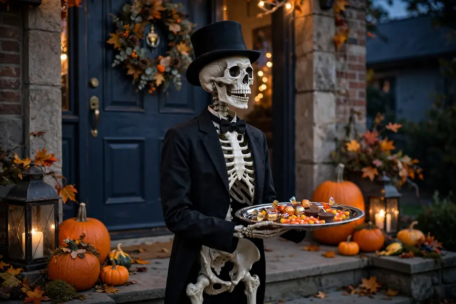 Life-size skeleton dressed as a butler with bow tie holding a candy tray at a party entrance