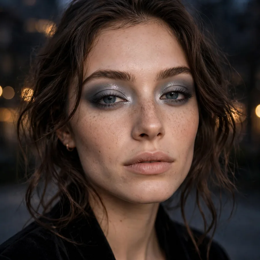 Smoky grey frosted eyeshadow with silver shimmer at the centre