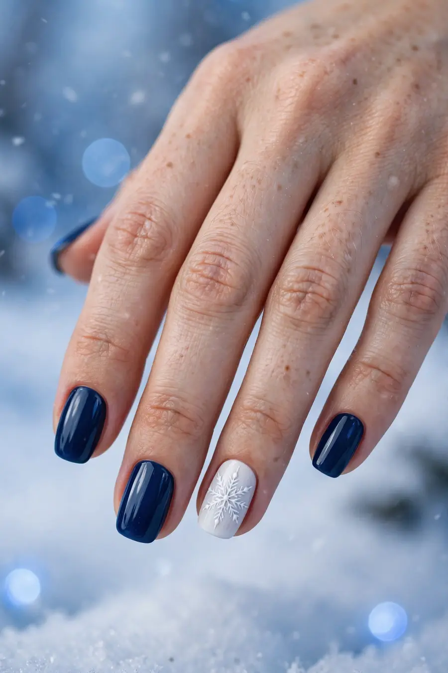 Snowflake accent december nail ideas with white snowflakes on deep blue nails