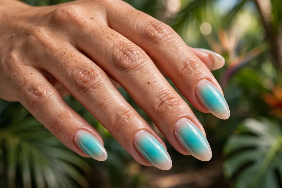 Teal lagoon aura nails with turquoise airbrushed gradients