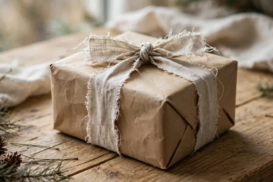 A Christmas gift wrapped in kraft paper tied with a torn linen fabric strip