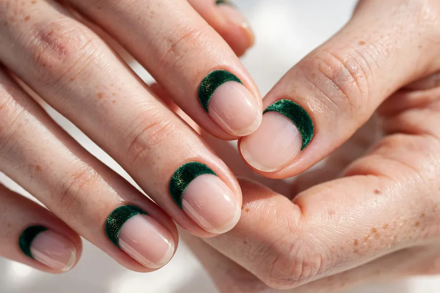 Emerald velvet half-moon nails on real hands