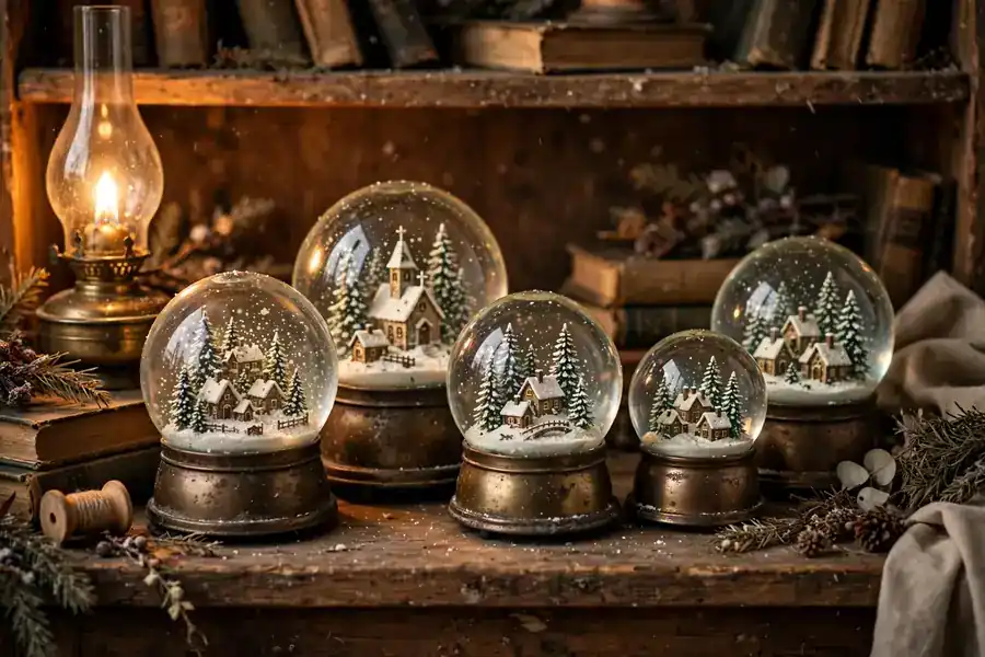 Collection of vintage Christmas snow globes on a wooden bookshelf