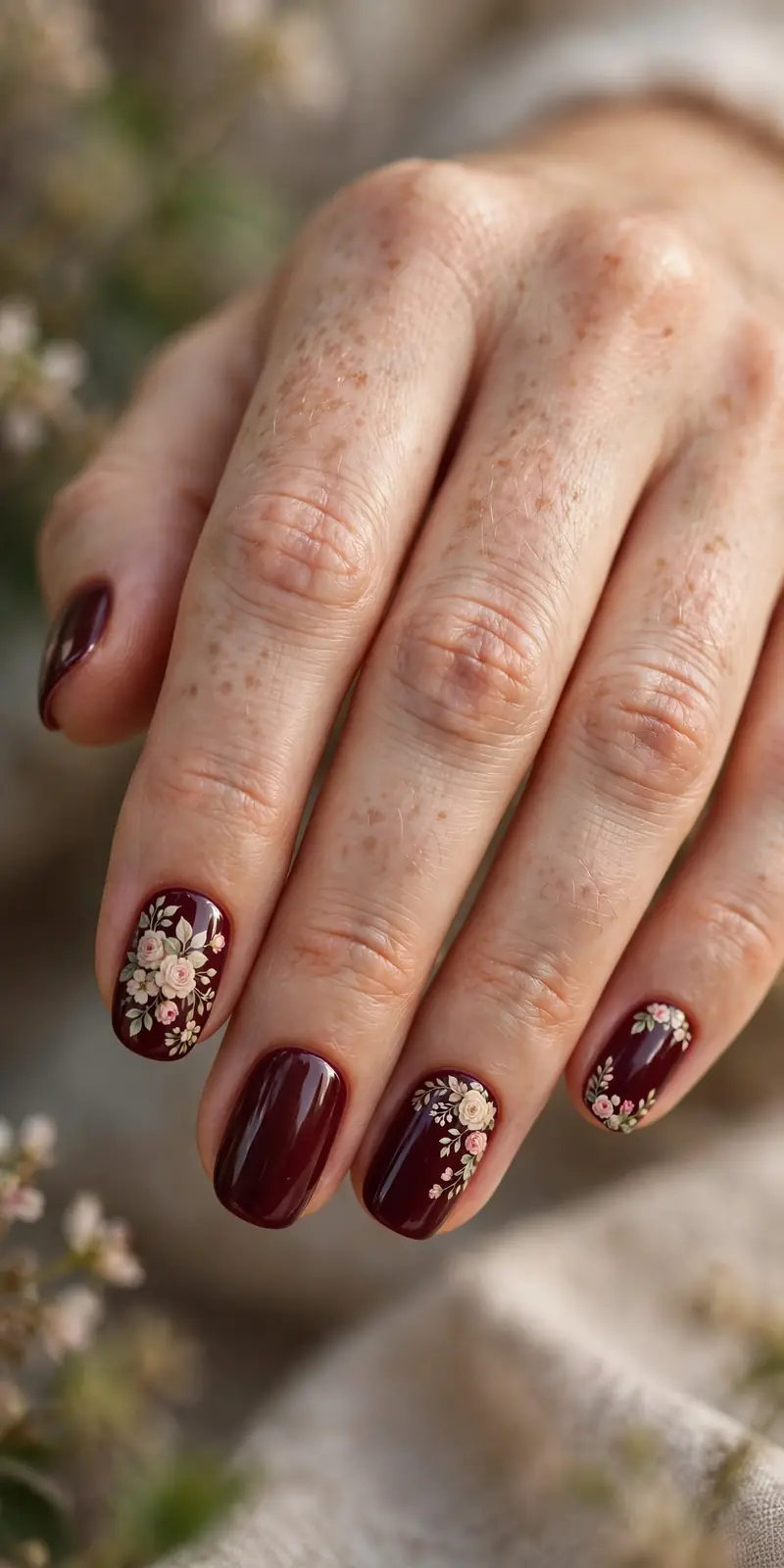 Burgundy nails with delicate vintage floral art