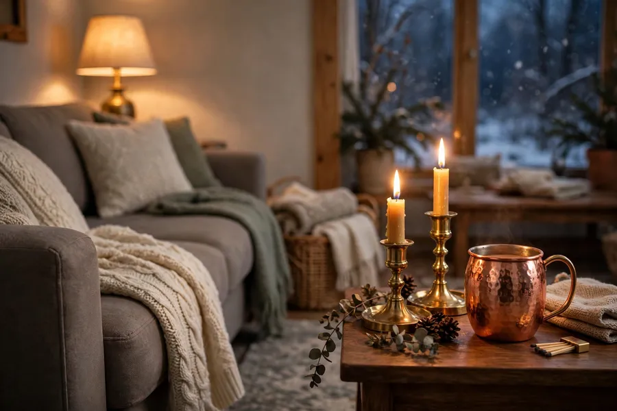 brass candle holders and warm metallic accents in a cozy living room