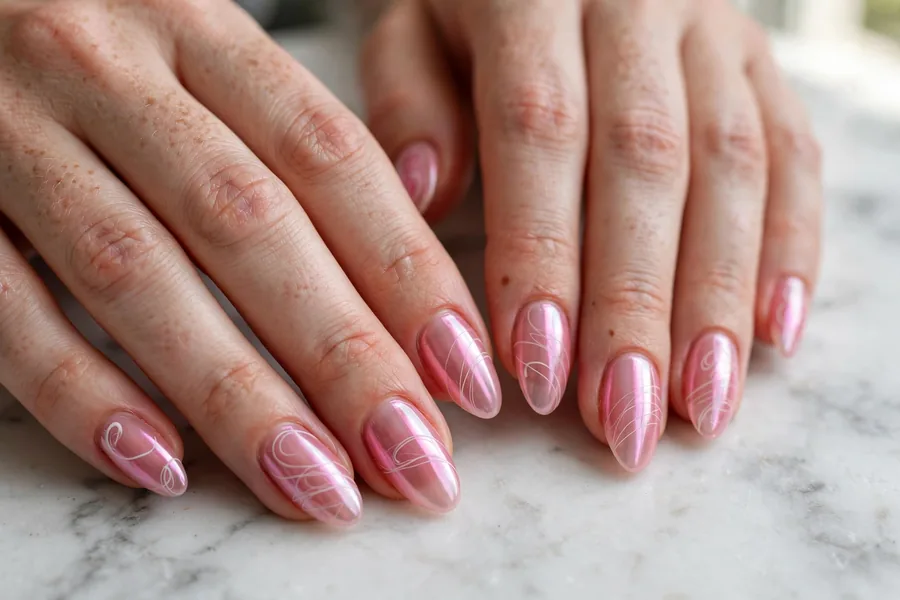 Jelly pink chrome nails with delicate white swirl art