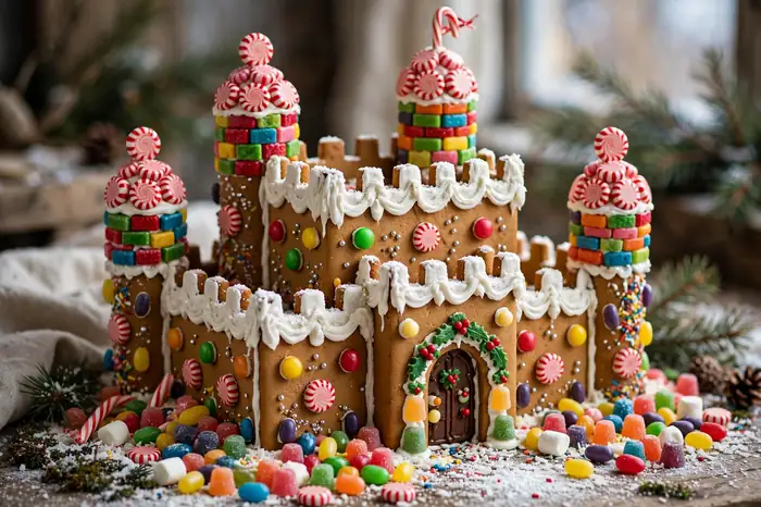 Photorealistic photograph of a gingerbread castle with candy turrets, icing battlements and colorful candies