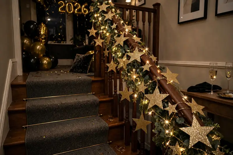 Glitter star garland on a staircase for a New Year's Eve party