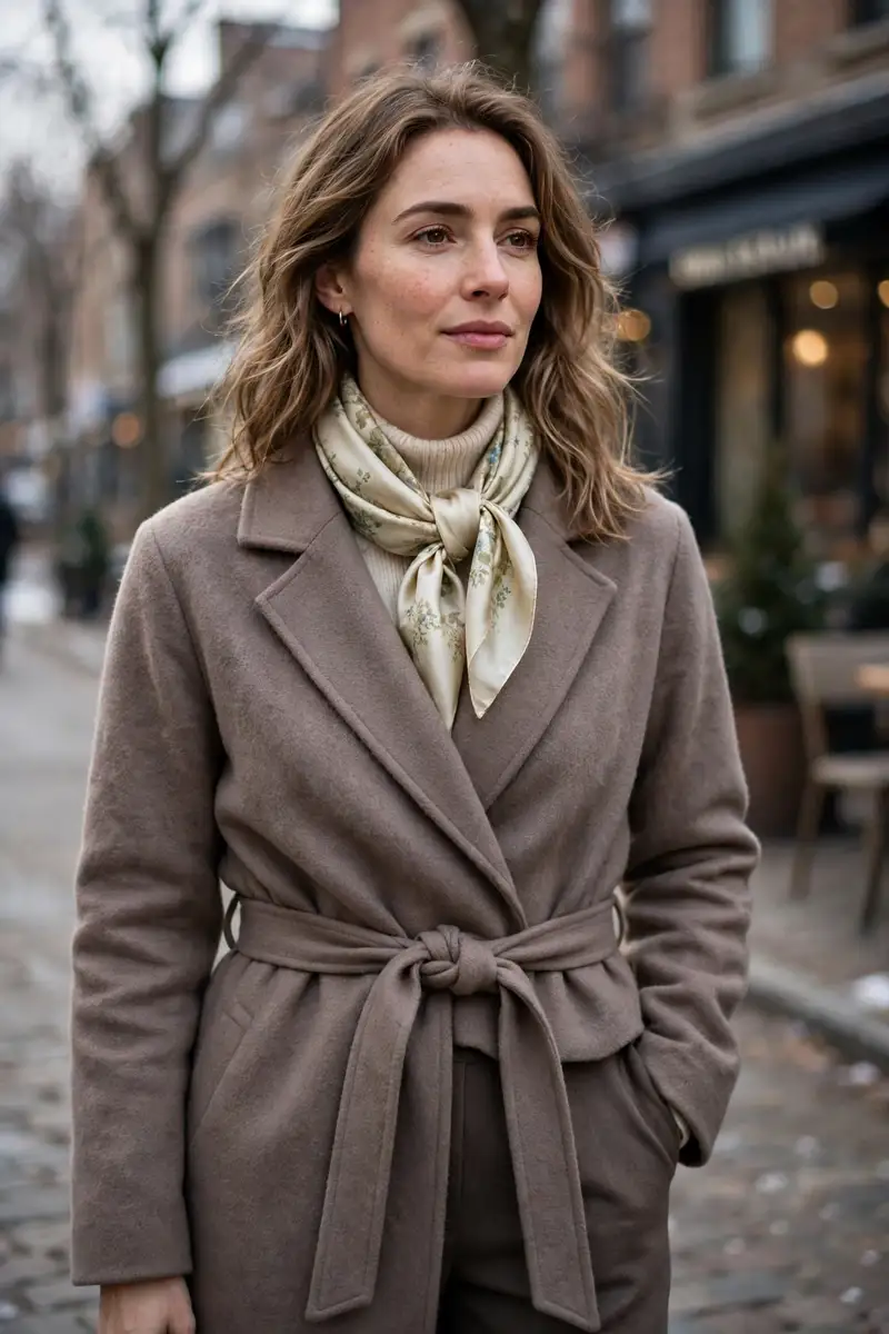 Woman in a taupe wrap coat tied at the waist with a silk scarf and trousers