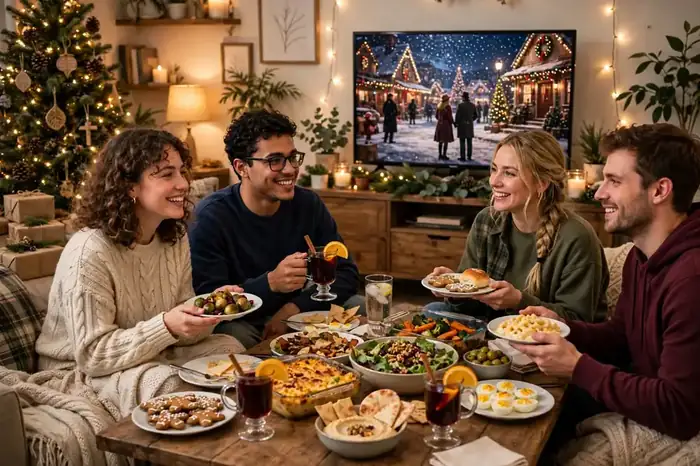 Friends sharing festive potluck dishes and watching a Christmas movie together