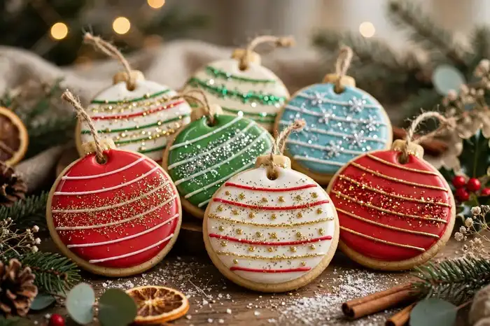 Round ornament cookies with shiny icing, stripes and glitter patterns