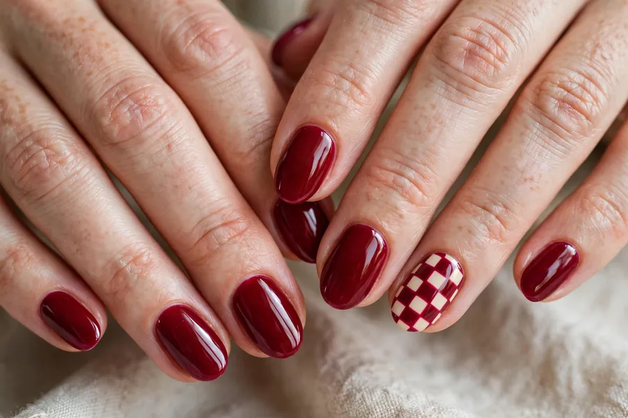 Cranberry checkerboard accent nails with cream squares