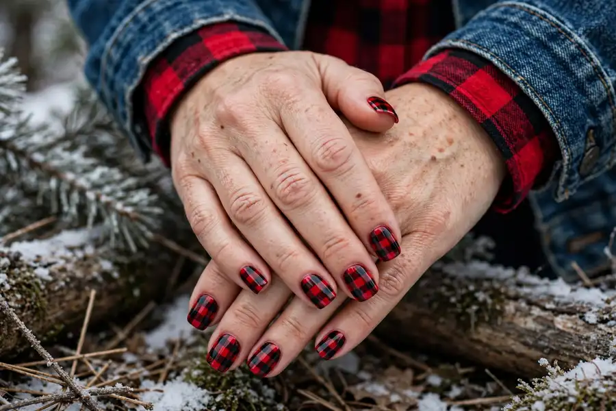 Lumberjack red and black plaid nails