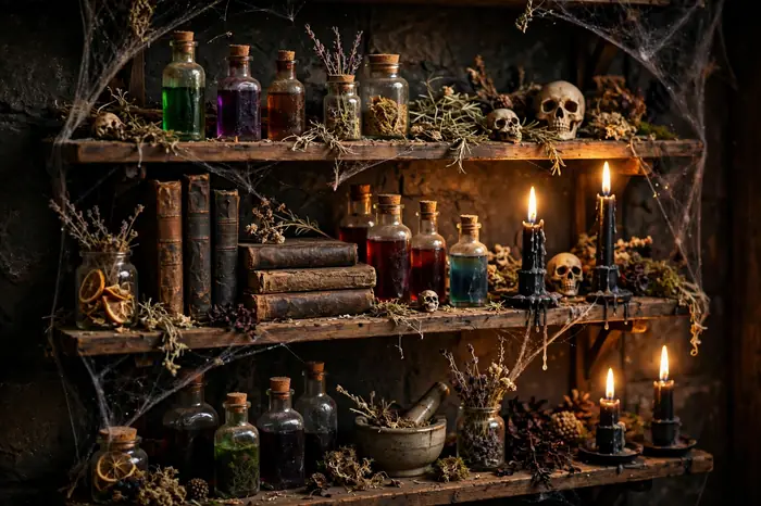 Witch apothecary shelf with potion bottles, dried herbs, skulls and candles