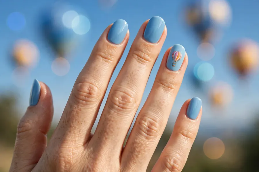 Sky blue birthday nails with a balloon accent nail