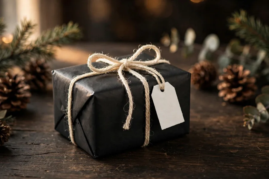 A Christmas gift wrapped in matte black paper with a white ink tag and cream twine