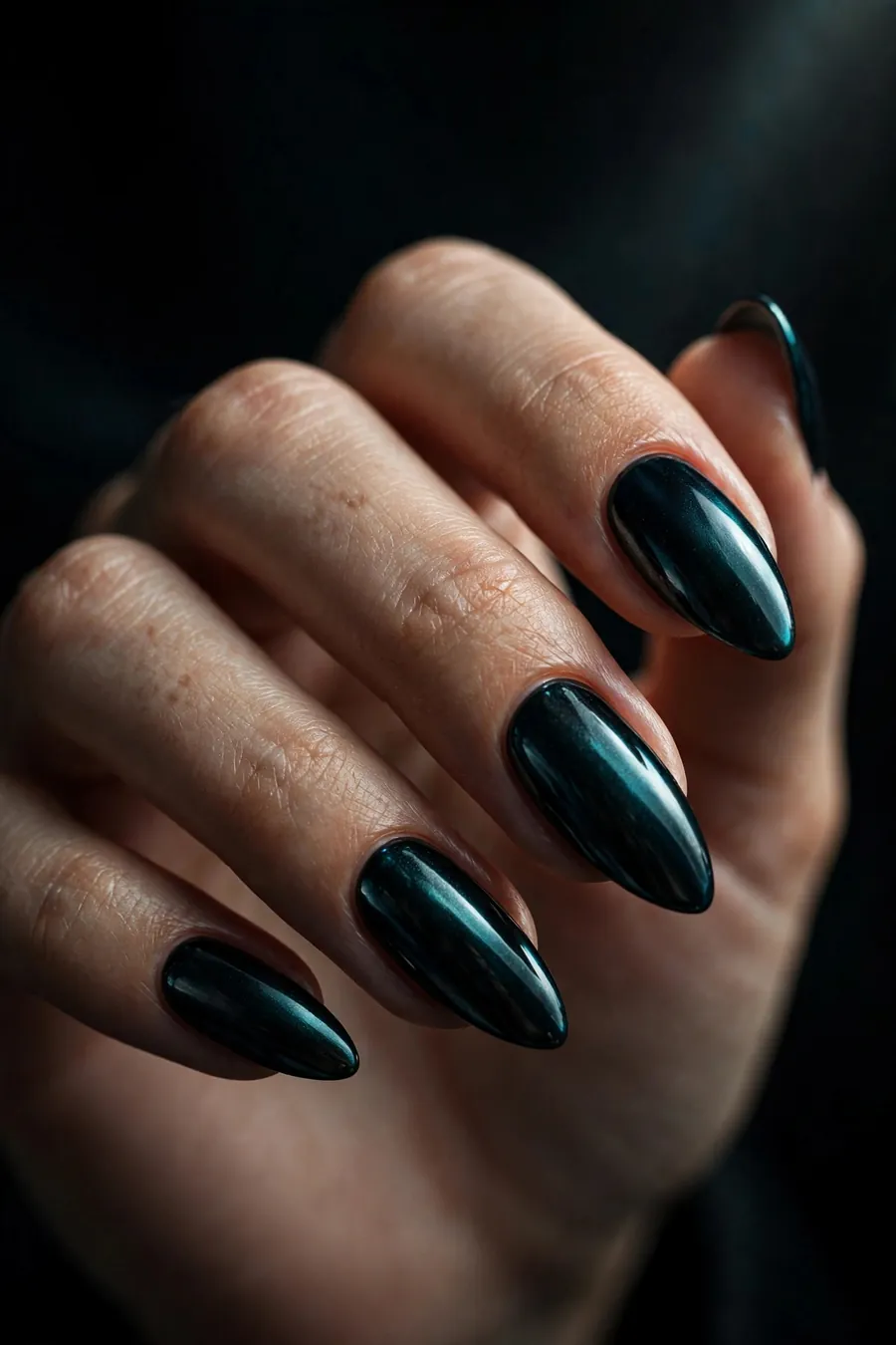 Blackened teal gothic chrome nails