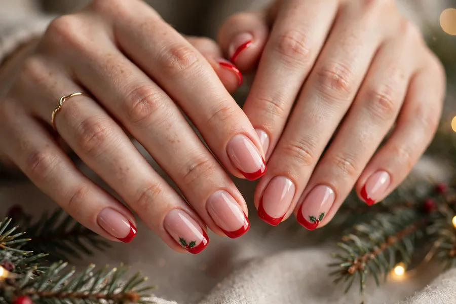 Blush pink base with scarlet Christmas French tip nails on real hands