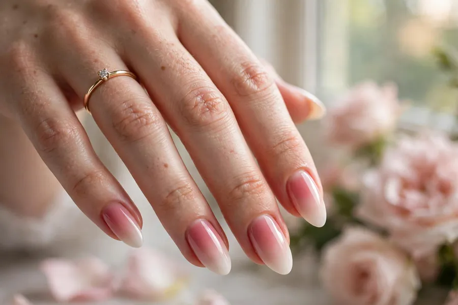 Blushing bride ombré nails fading from rose to ivory