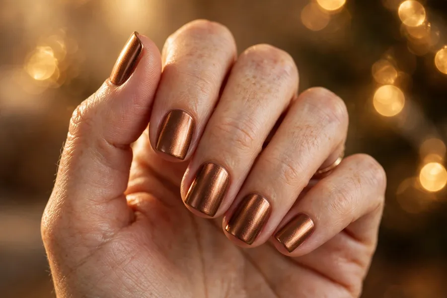Bronze holiday glow december nail ideas in warm bronze metallic on short square nails