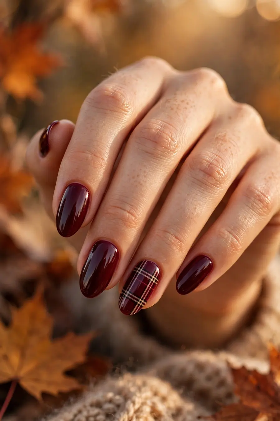 Burgundy plaid nail art with cream lines