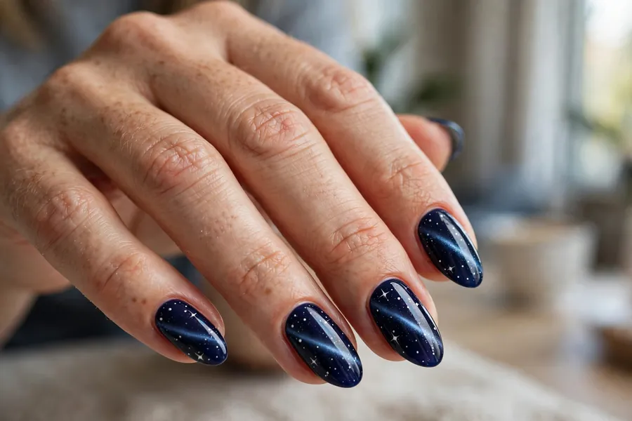 Galaxy cat-eye nails with stars over deep blue