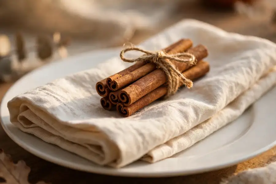 Cinnamon stick bundles tied with twine on thanksgiving napkins