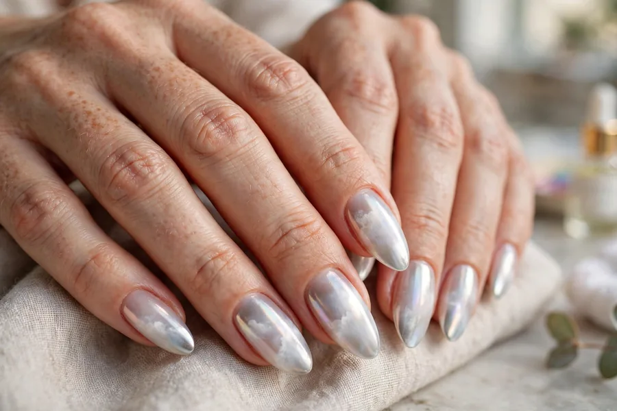 Cloud ombre milky white chrome nails with a soft diffused glow