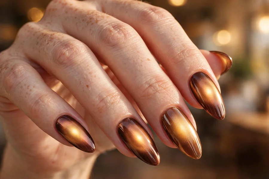 Copper flame aura nails with metallic copper and bronze gradients