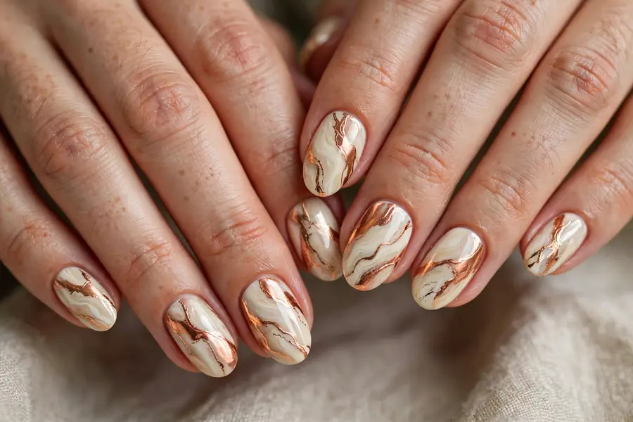 Cream marble nails with copper veining