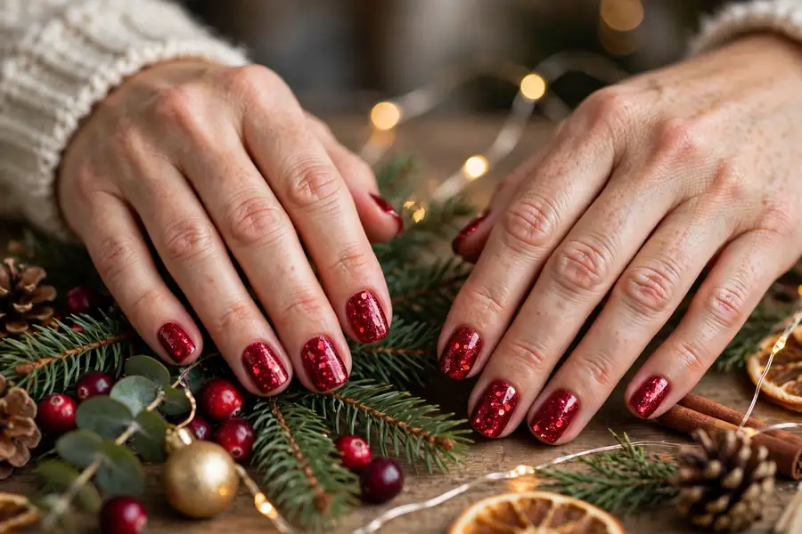 Cranberry red glitter nails on real hands near holiday decorations