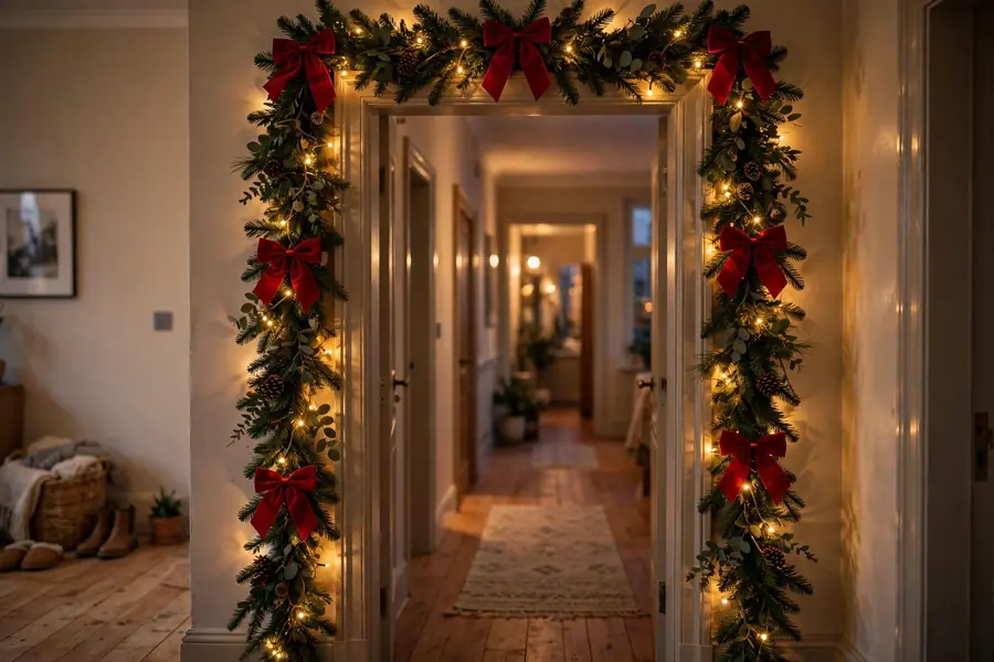 Interior doorway framed with Christmas garland, red bows and warm lights
