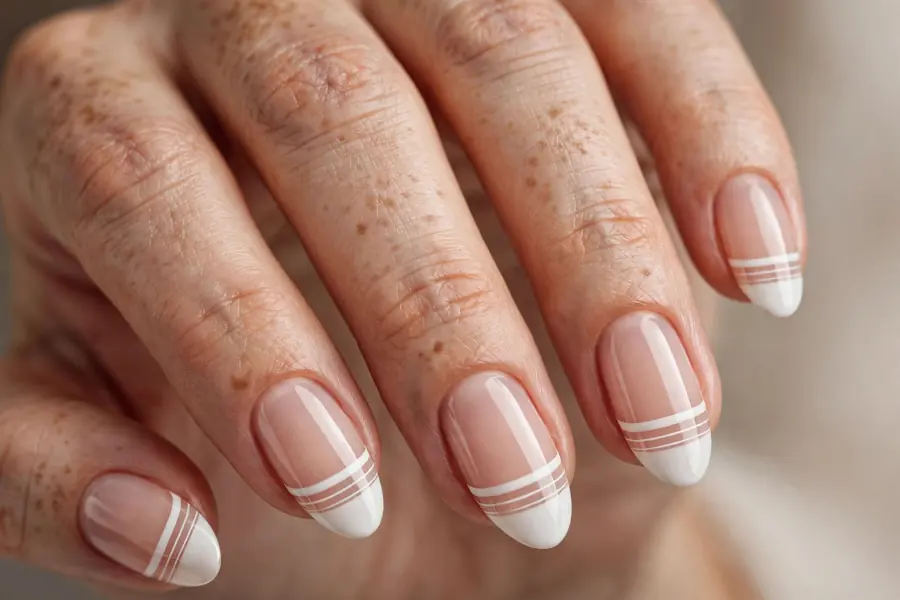 Double French tip striped almond nails on real hands