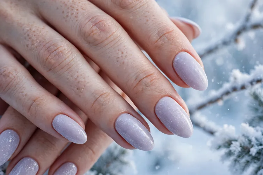 Frosted lilac velvet nails on real hands