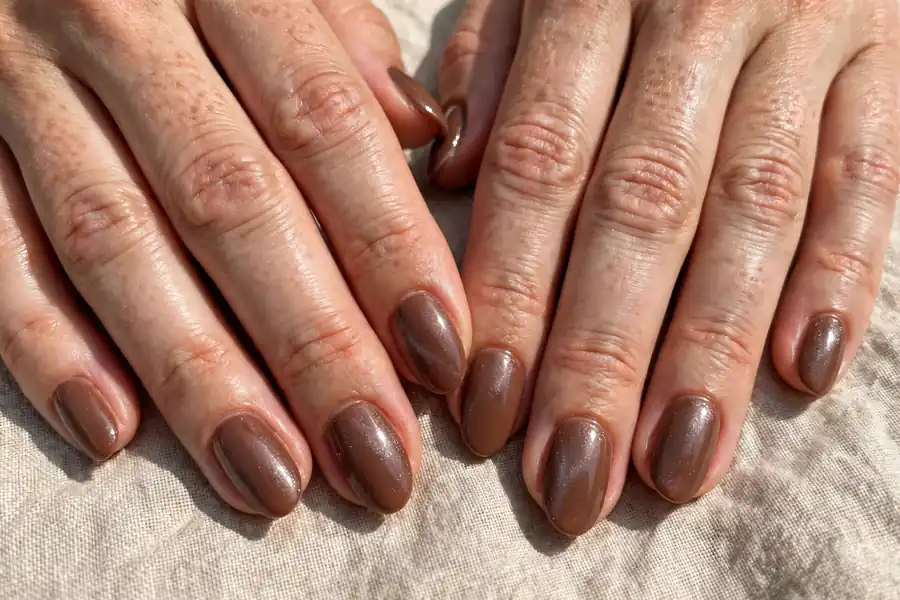 Frozen hot chocolate glossy hot chocolate nails on real hands