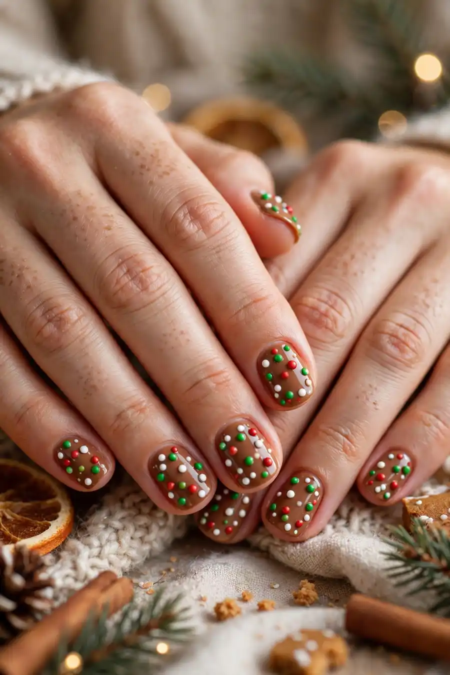 Gingerbread candy dot nails with colorful candy accents on brown on real hands