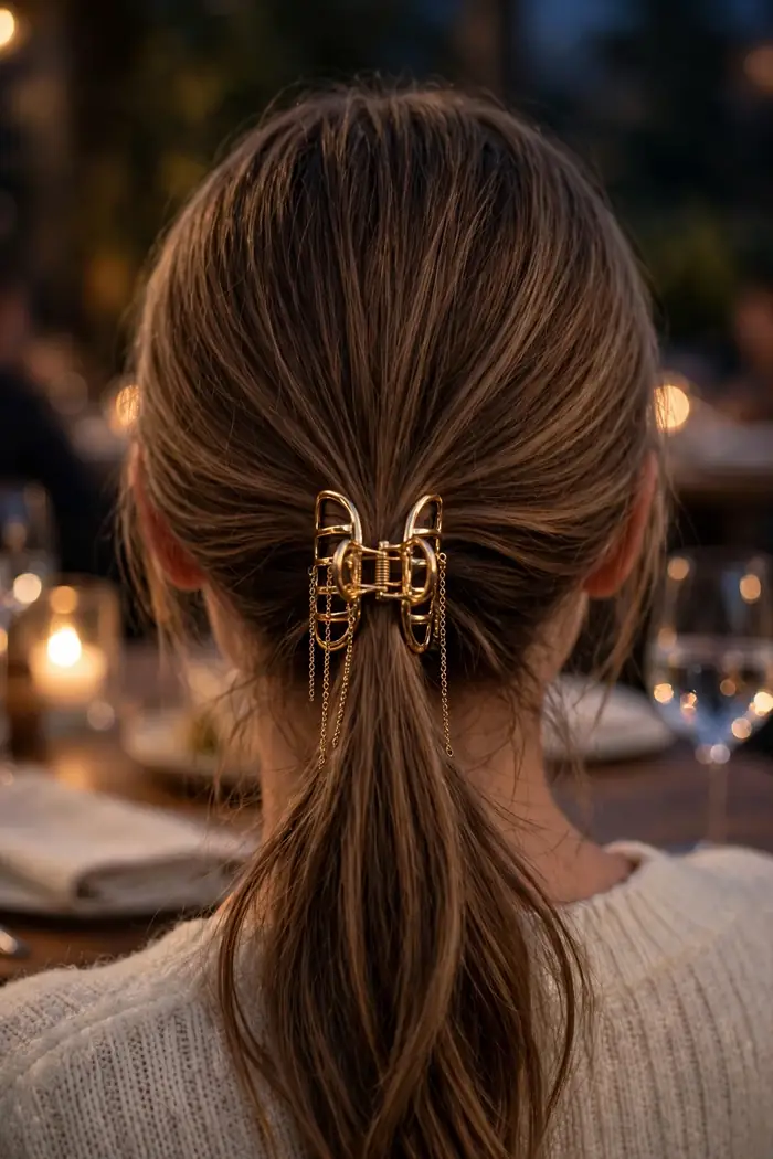 low ponytail wearing a gold claw clip with chain details