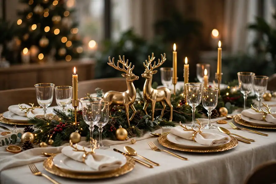 Elegant christmas table with gold reindeer figurines centerpiece