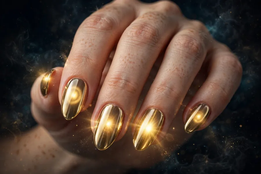 Hand with golden aura chrome nails glowing from the center