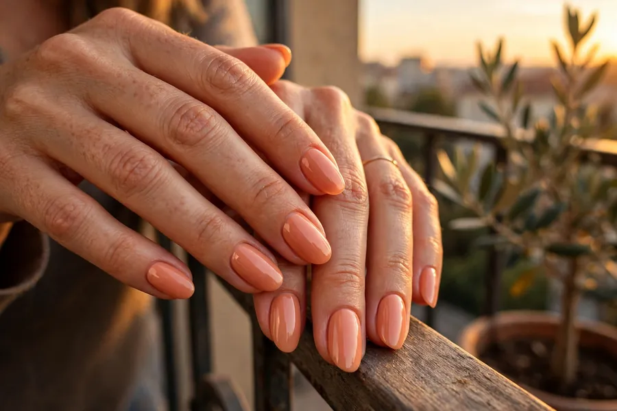 Warm peach glossy date night nails on real hands in golden sunset light
