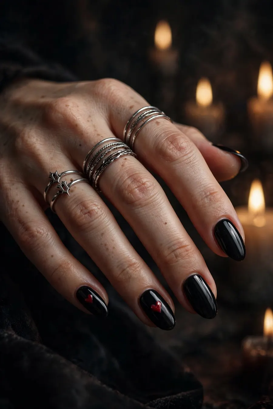 Gothic Valentine's Day nails, black polish with red hearts