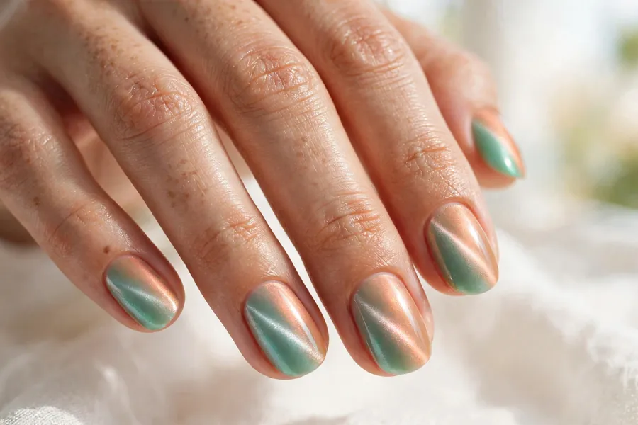 Round nails with jade-to-peach two tone cat eye nail polish, soft glowing duochrome